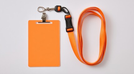 An orange, blank ID badge with a matching lanyard and black clasp, clipped to a white background