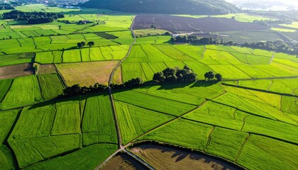 Aerial View of Lush Green Rice Paddy Fields on a Sunny Day with Geometric Patterns and Shadow Play