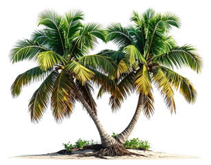 Two lush coconut palms stand on sand, isolated against a black background