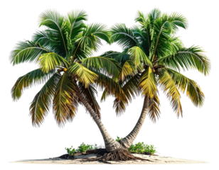 Two lush coconut palms stand on sand, isolated against a black background
