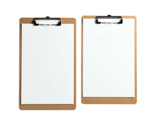 Two brown clipboards hold blank white paper, side by side, against a black background