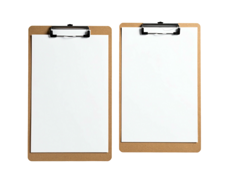 Two brown clipboards hold blank white paper, side by side, against a black background