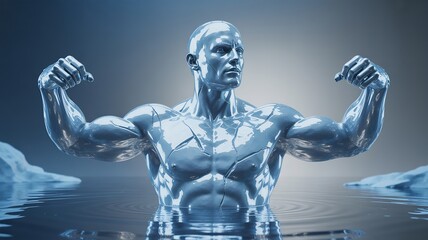 A muscular man made of liquid metal flexing his biceps in a body of water