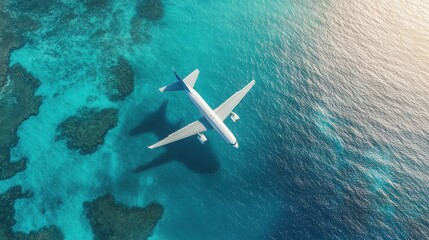 Fototapeta premium Aerial view of a passenger airplane flying over a vibrant turquoise ocean with coral reefs visible below