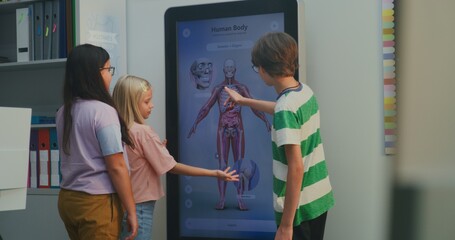 Kids Study Human Body on Interactive Screen. Two Girls and Boy Interact With Large Digital Screen Displaying 3D Model of Human Body in Modern Classroom. Interactive Study of Natural Sciences Anatomy.