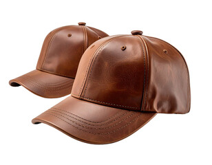 Two brown leather baseball caps, one slightly behind the other, on a black background