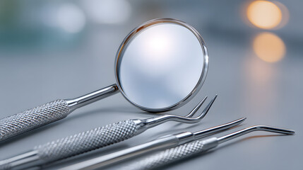 Dental mirror and tools on clean clinical background, showcasing professional and sterile environment. shiny metal instruments reflect precision and care