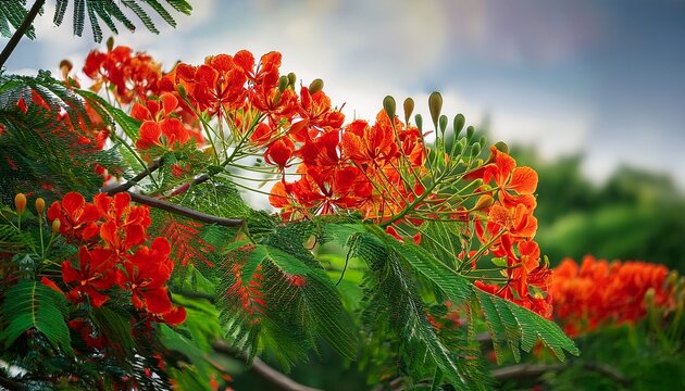 Bright Red Royal Poinciana Flowers Delonix Regia Amidst Lush Green Foliage N Exotic Tropical Beauty