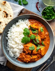 Chicken curry with rice and naan