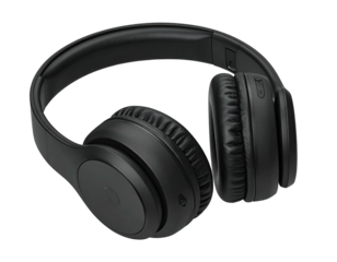 Over-ear, wireless headphones. Black with padding, isolated on a black background