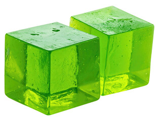 Two translucent, bright green, cube-shaped gelatinous desserts