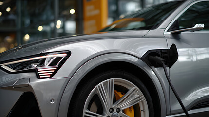 Sleek silver electric car is parked indoors, with charging cable plugged into its side, highlighting modern technology and eco friendly transportation