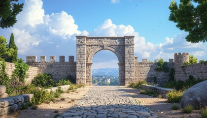 Realistic Ancient City Stone Gate with Historic Walls