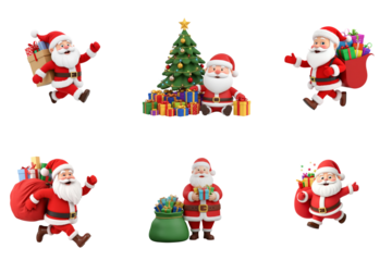 Group of cartoon Santa Claus figures and Christmas tree with gifts on transparent background. Set of Christmas elements for holiday greeting card.