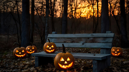 A spooky forest sunset with a haunted evil glowing eyes of Jack O' Lanterns on the left of a wooden bench on a scary halloween night