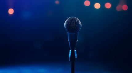 A close-up of a microphone on a stand, ready for a speaker's presentation on stage.