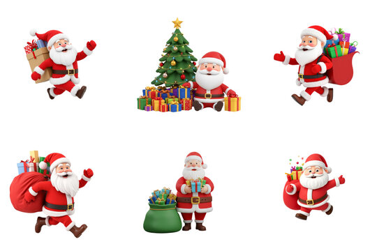 Group of cartoon Santa Claus figures and Christmas tree with gifts on transparent background. Set of Christmas elements for holiday greeting card.