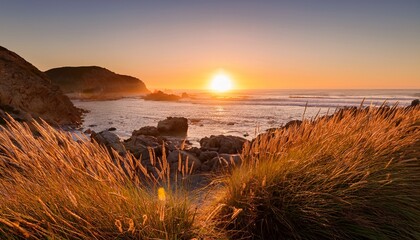 Serene Sunset Over A Rocky Coast Viewed From Amidst Beach Grasses