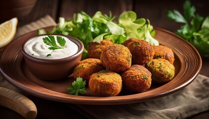 Savory Fried Falafel Bites Served With Creamy Dip And Fresh Greens On A Rustic Plate