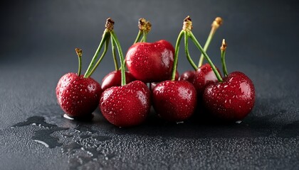 Fresh Ripe Cherries With Water Droplets On A Dark Background
