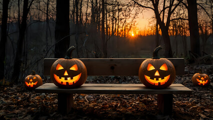 jack o lantern, A spooky forest sunset with a haunted evil glowing eyes of Jack O' Lanterns on the left of a wooden bench on a scary halloween night