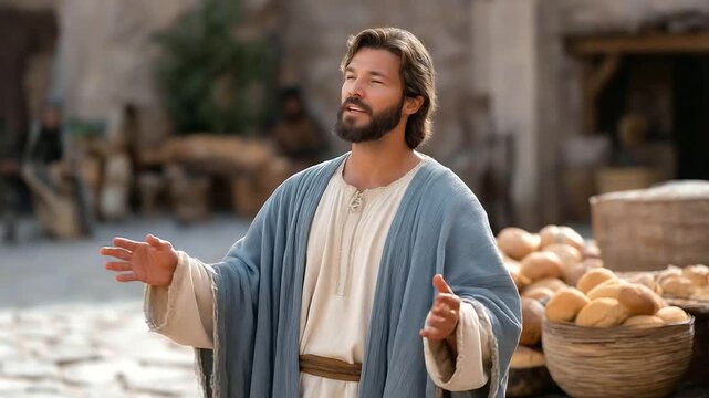 A man his cloak patched preaches in a marketplace his hands gesturing passionately. A crowd gathers their sandals scuffing on cobblestones. A leather scroll is tucked under his