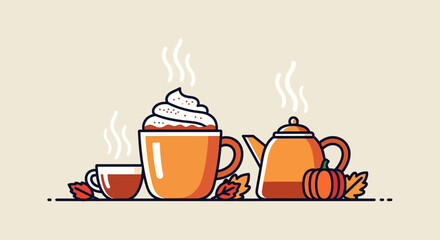 Hot drink (pumpkin spice latte, tea, coffee) with steam flat vector illustration