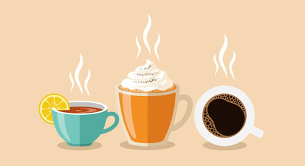 Hot drink (pumpkin spice latte, tea, coffee) with steam flat vector illustration