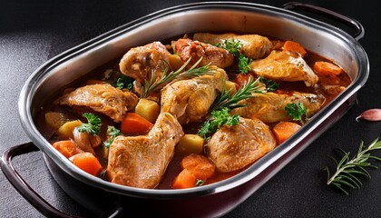 Tray Of Tasty Homemade Stew Chicken Herbs And Spices