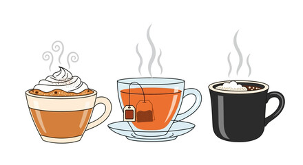 Hot drink (pumpkin spice latte, tea, coffee) with steam flat vector illustration