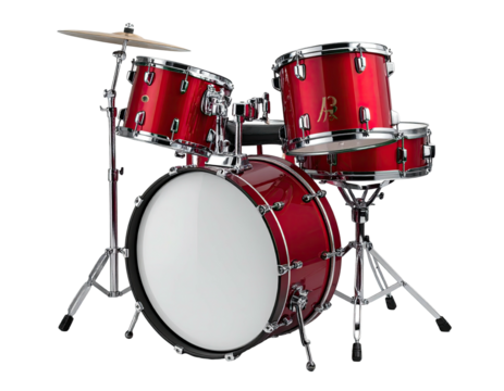 A bright red drum kit with gleaming chrome hardware, ready to be played