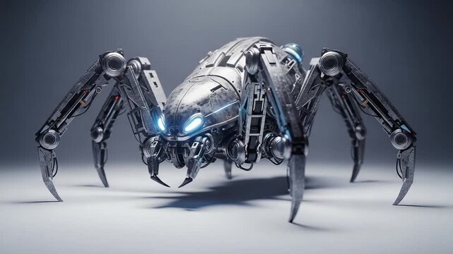 Futuristic Robotic Spider with Glowing Eyes on a White Background