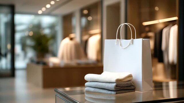 A shopping day leaves a city boutique its glass counter smudged empty after a rush. A paper shopping bag its handles twisted holds folded clothes their cotton soft and a meta
