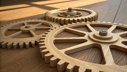 Wooden Gears Interlocked and Ready for Mechanical Rotation