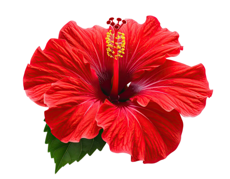 A vibrant red flower with yellow stamens, green leaf, black background