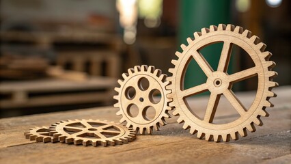 Fototapeta premium Wooden gears interlocking on a wooden surface