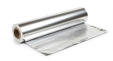 Bright studio light beautifully illuminates a shiny metallic aluminum foil roll unrolling on a clean white background.