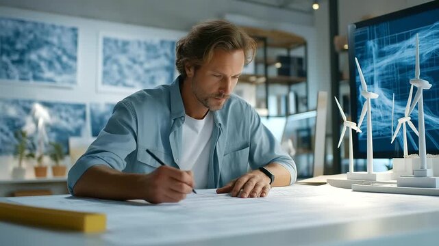 An engineer drafts a wind turbine blueprint in a technical office with rulers measuring a computer rendering blades a model turbine on a shelf and wind charts pinned up depict