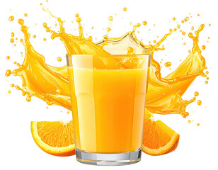 Vibrant orange juice splash surrounds a full glass with orange slices