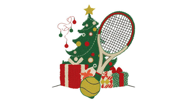 Tennis Christmas logo in knitted embroidery style, decorated racket and ball, Christmas tree and presents, cozy festive composition, realistic stitch texture, transparent background, suitable for appa
