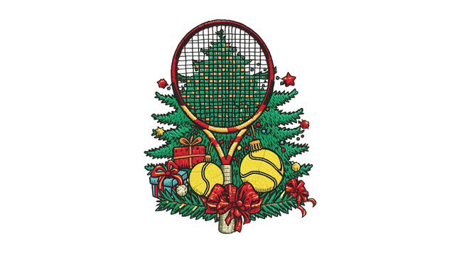 Tennis Christmas logo in knitted embroidery style, decorated racket and ball, Christmas tree and presents, cozy festive composition, realistic stitch texture, transparent background, suitable for appa