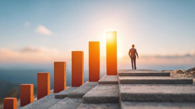 Ascending to Success: A determined individual ascends a staircase leading towards a bright, abstract bar chart, symbolizing growth and progress towards achieving goals.