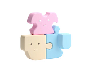 Cartoon puzzle pieces of three colors, assembled with happy faces, floating on black