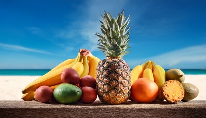 Tropical Fruits Beach Display Pineapple Mangoes Colorful