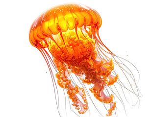 An illuminated, vibrant orange jellyfish floats gracefully against a black backdrop