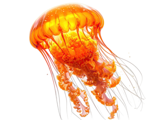 An illuminated, vibrant orange jellyfish floats gracefully against a black backdrop
