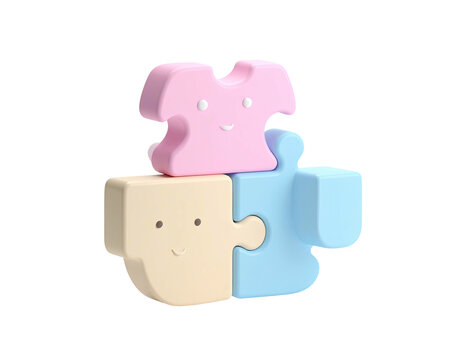 Cartoon puzzle pieces of three colors, assembled with happy faces, floating on black