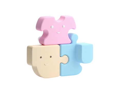 Cartoon puzzle pieces of three colors, assembled with happy faces, floating on black