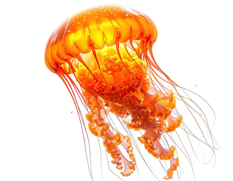 An illuminated, vibrant orange jellyfish floats gracefully against a black backdrop - Powered by Adobe