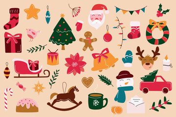 Christmas stickers. Winter holiday decorations, xmas tree, gift boxes and others.. New Year flat vector set